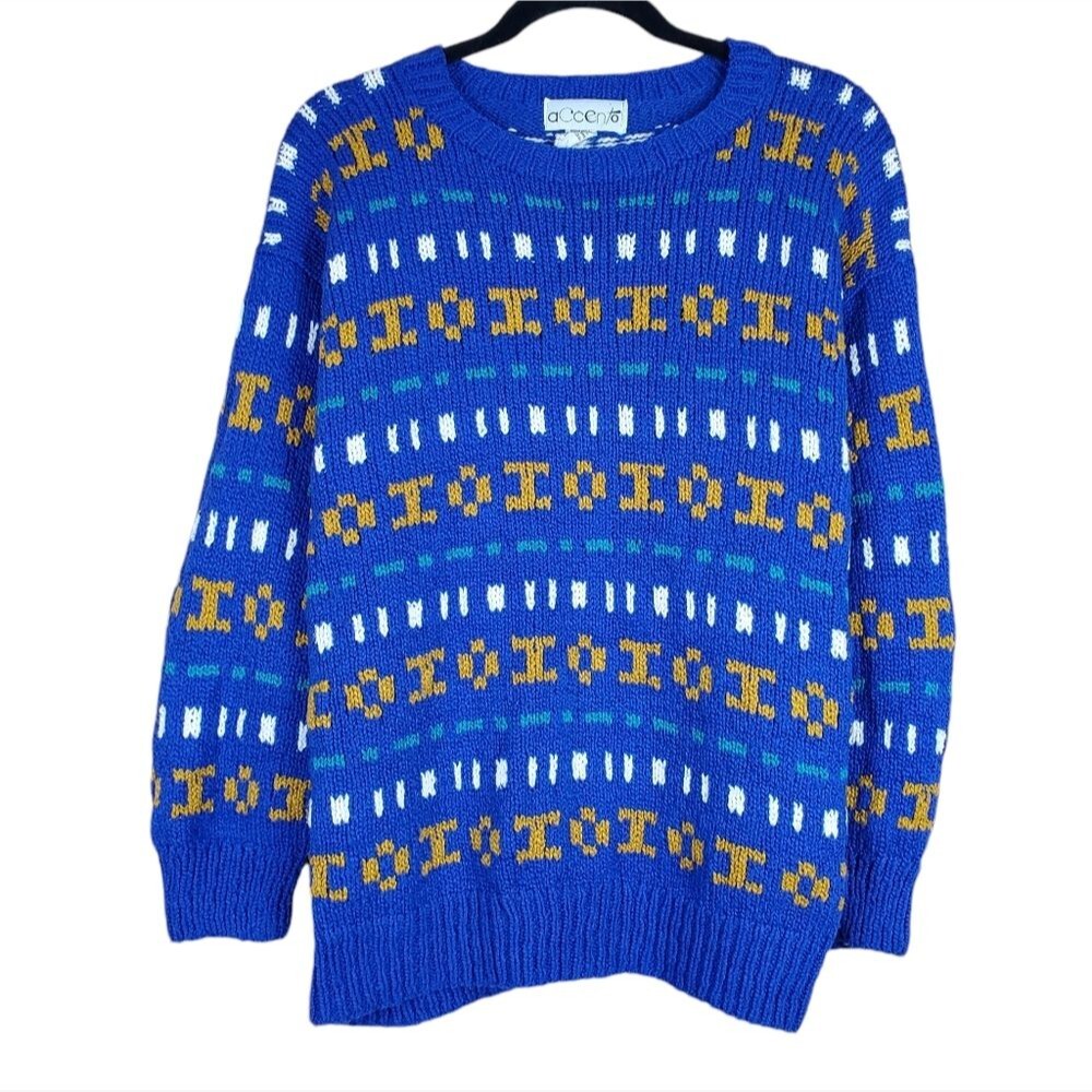 ACCENTO Blue Fair Isle Cotton Hand Knit Sweater Medium Cozy Pullover